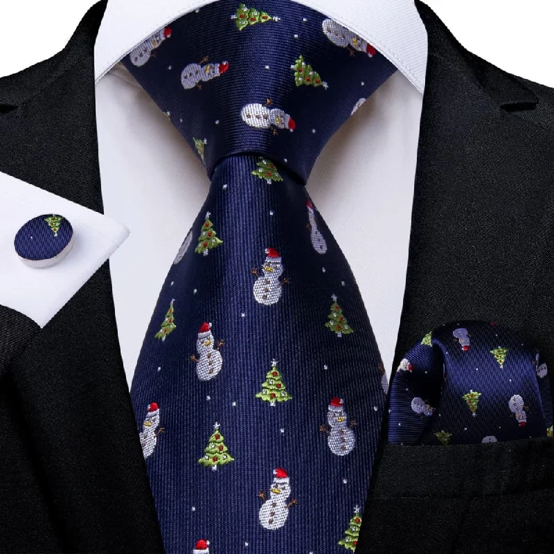 formal silk necktie collections-DiBanGu Dark Blue Christmas Snowman Tree Necktie Pocket Square Cufflinks Set