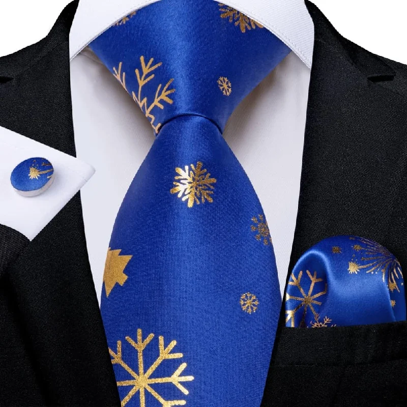 stylish wedding necktie collections-DiBanGu Blue Gold Christmas Snowflake Necktie Pocket Square Cufflinks Set