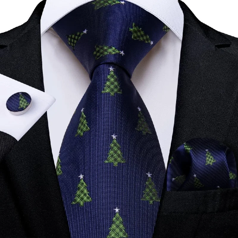 best silk ties for interviews-DiBanGu Dark Blue Green Christmas Tree Necktie Pocket Square Cufflinks Set