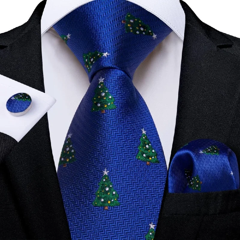 designer silk necktie patterns-DiBanGu Blue Green Christmas Tree Necktie Pocket Square Cufflinks Set