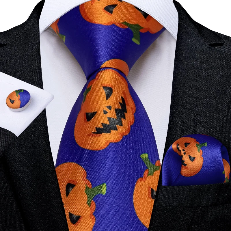 wedding silk necktie ideas-DiBanGu Blue Orange Halloween Pumpkin Necktie Pocket Square Cufflinks Set