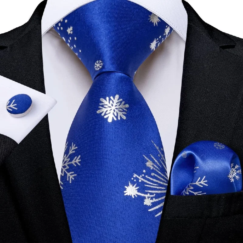 luxury necktie options for men-DiBanGu Blue White Christmas Snowflake Necktie Pocket Square Cufflinks Set