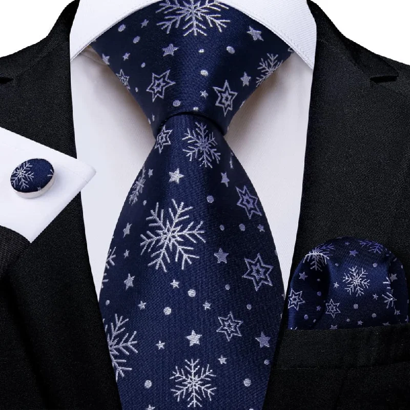 men's necktie sets for casual wear-DiBanGu Blue White Christmas Snowflake Necktie Pocket Square Cufflinks Set