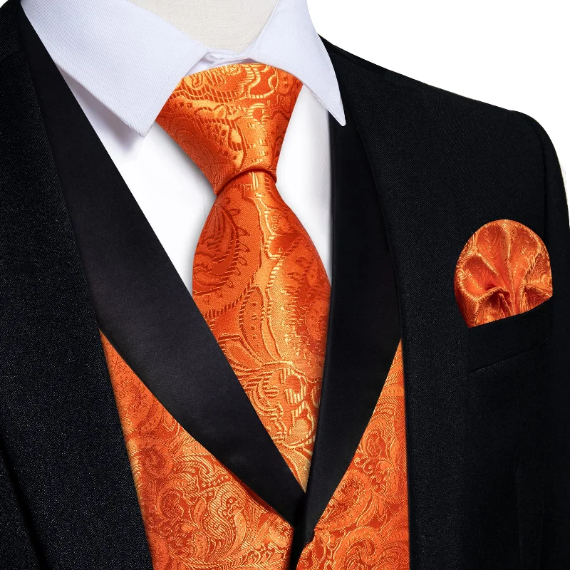 creative necktie patterns-DiBanGu Bright Orange Floral Silk Shawl Collar Mens Dress Vest Tie Set