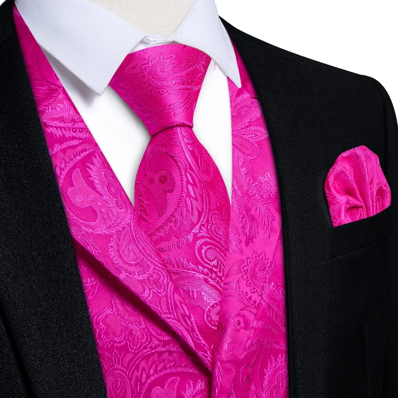 high-quality men's neckties-DiBanGu Bright Pink Paisley Silk Notched Collar Slim Fit Mens Waistcoat Tie Set