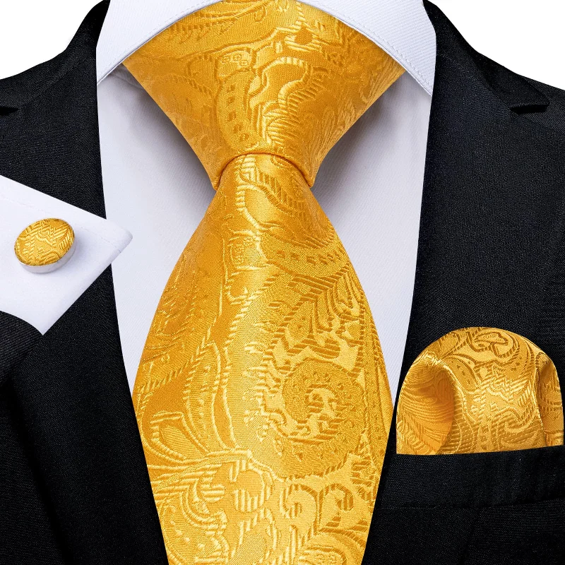 stylish neckties for office wear-DiBanGu Bright Yellow Paisley Silk Mens Tie Pocket Square Cufflinks Set