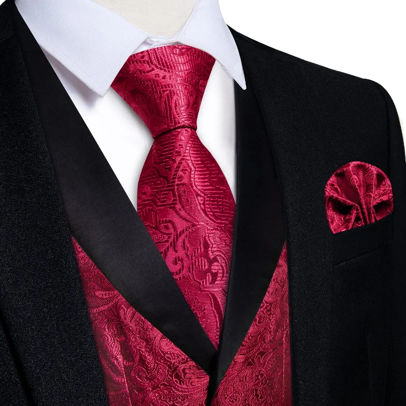 best quality silk neckties-DiBanGu Burgundy Floral Silk Shawl Collar Mens Dress Vest Tie Set