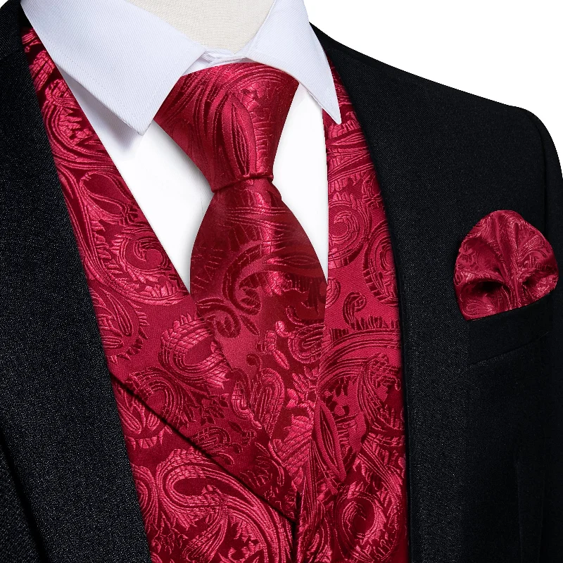 bold color ties for office wear-DiBanGu Burgundy Paisley Notched Collar Silk Mens Vest Tie Set