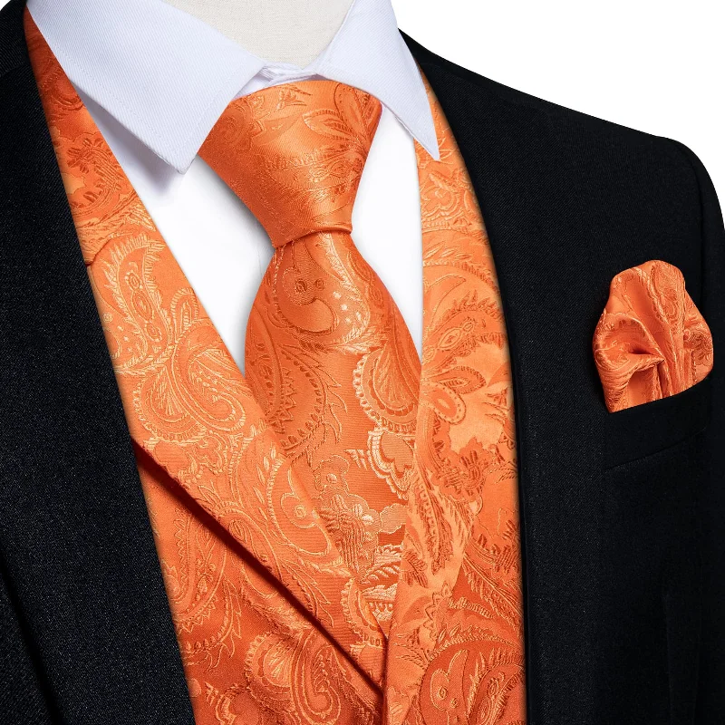 formal necktie sets for weddings-DiBanGu Cadmium Orange Paisley Silk Notched Collar Slim Fit Mens Waistcoat Tie Set