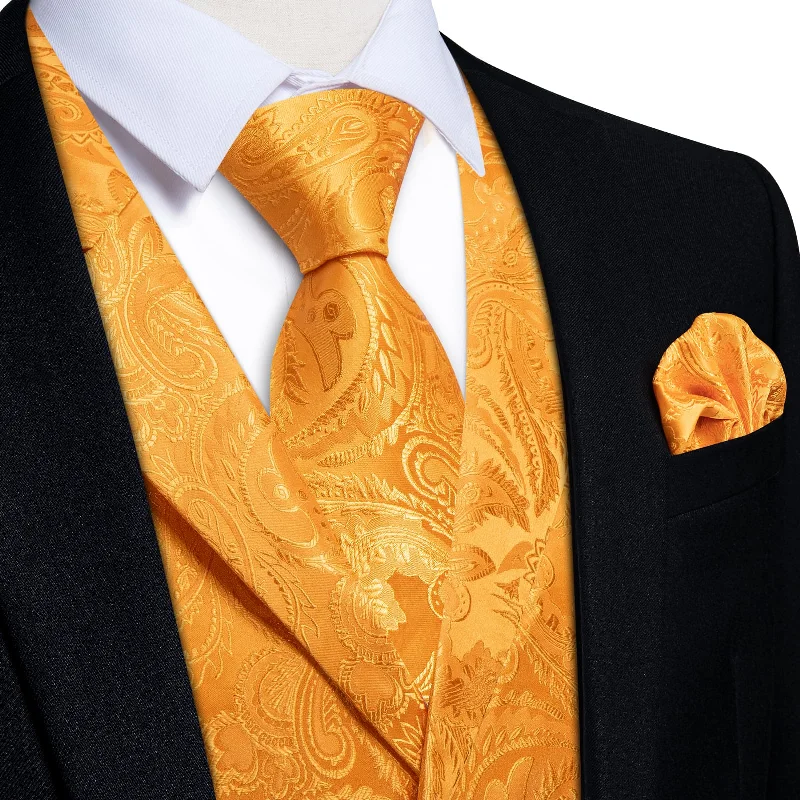 premium necktie designs for office wear-DiBanGu Carrot Orange Paisley Silk Notched Collar Slim Fit Mens Waistcoat Tie Set