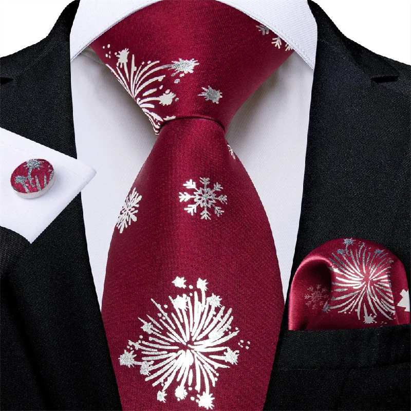 formal silk necktie combinations-DiBanGu Christmas Silk Dark Red White Snow Necktie Pocket Square Cufflinks Set