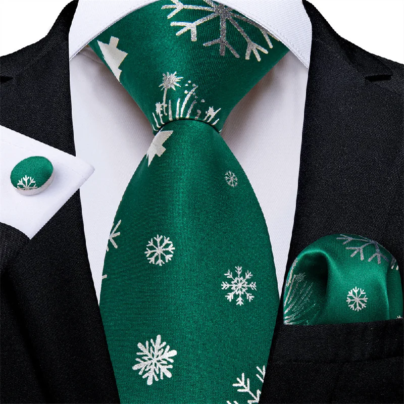 necktie styles for business professionals-DiBanGu Christmas Silk Green White Snow Men's Tie Pocket Square Cufflinks Set