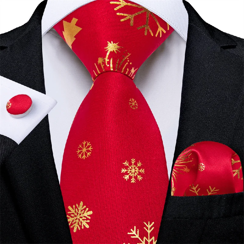 silk necktie colors for business-DiBanGu Christmas Silk Red Gold Snow Men's Tie Pocket Square Cufflinks Set