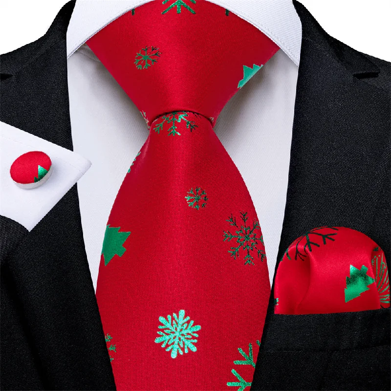 high-end silk tie sets for men-DiBanGu Christmas Silk Red Green Snow Men's Tie Pocket Square Cufflinks Set