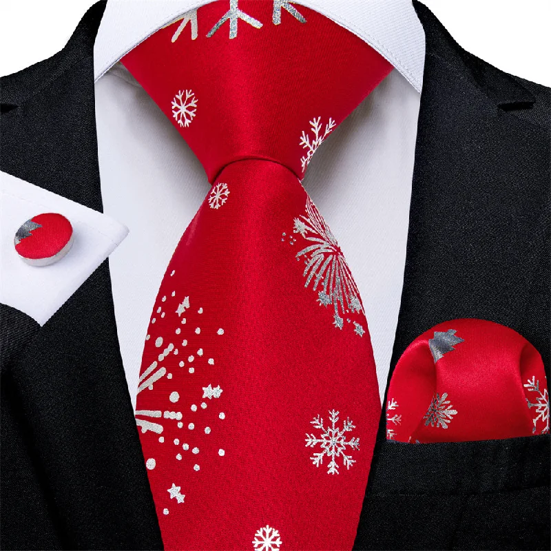 trendy silk necktie patterns-DiBanGu Christmas Silk Red White Snow Firework Necktie Set