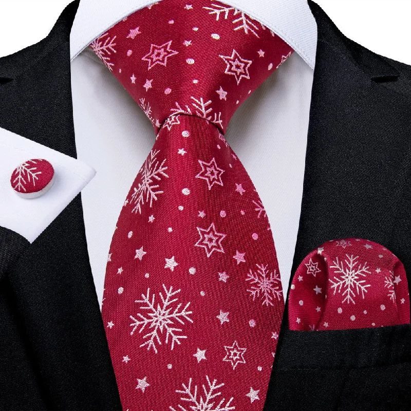 affordable luxury necktie options-DiBanGu Christmas Silk Red White Snow Men's Tie Pocket Square Cufflinks Set