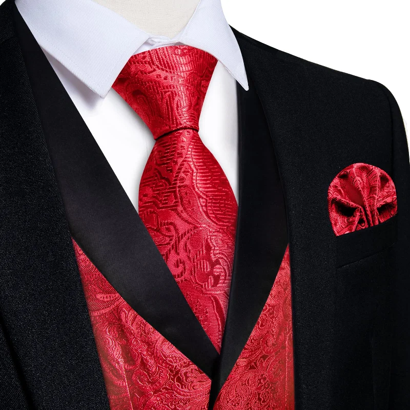 silk neckties for corporate events-DiBanGu Classic Red Floral Silk Shawl Collar Mens Dress Vest Tie Set