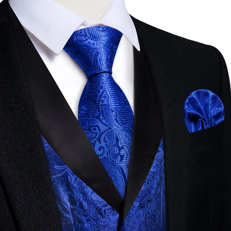 modern silk necktie styles-DiBanGu Cobalt Blue Floral Silk Shawl Collar Mens Dress Vest Tie Set