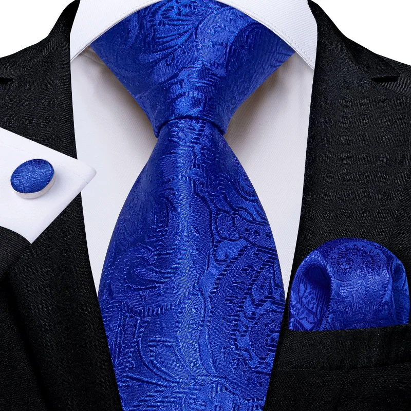 classic plaid neckties-DiBanGu Cobalt Blue Paisley Silk Mens Tie Pocket Square Cufflinks Set