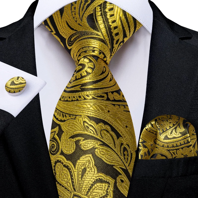 silk tie bundles for men-DiBanGu Copper Gold Paisley Silk Mens Tie Pocket Square Cufflinks Set