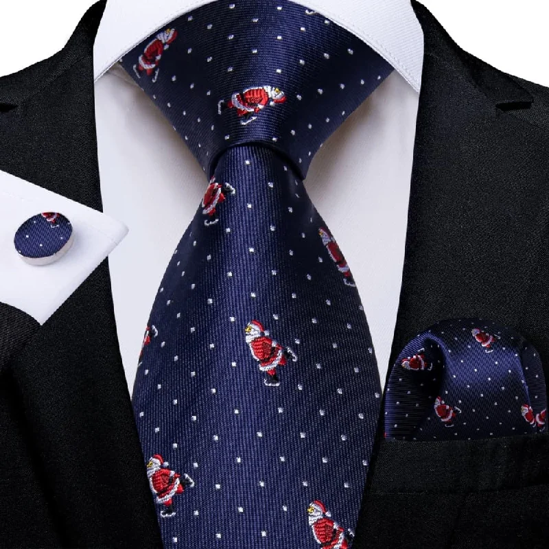 trendy silk bow ties for formal wear-DiBanGu Dark Blue Christmas Santa Claus Polka Dot Necktie Pocket Square Cufflinks Set