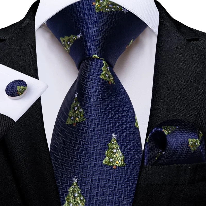 men's business bow tie sets-DiBanGu Dark Blue Green Christmas Tree Necktie Pocket Square Cufflinks Set