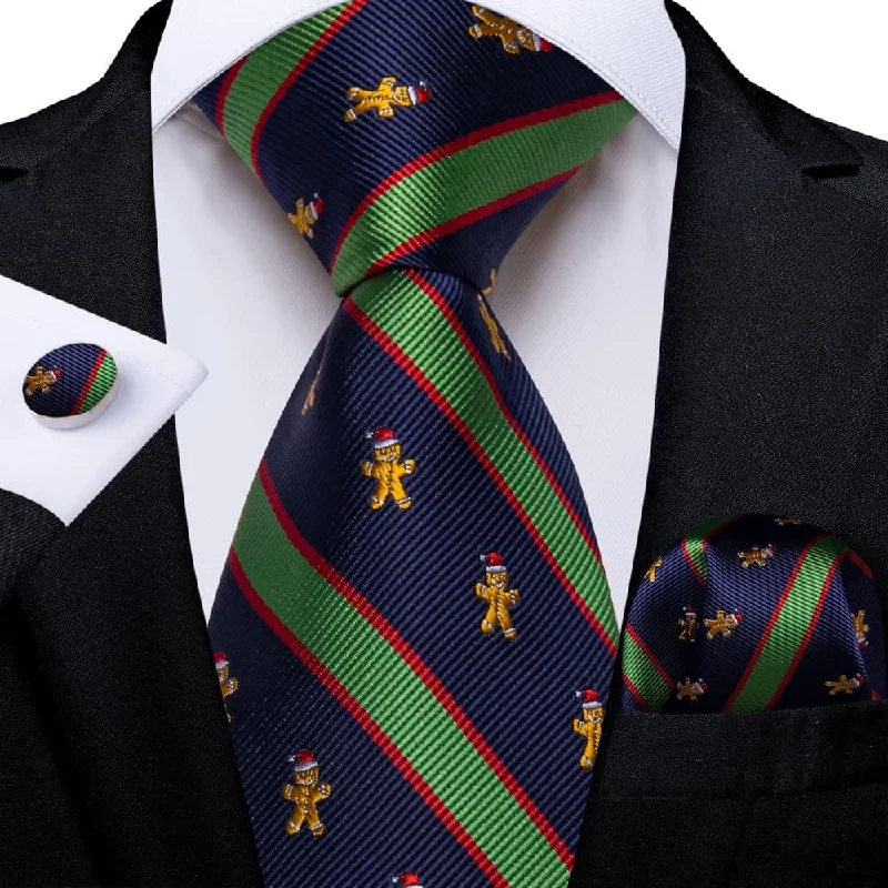 men's necktie sets for weddings-DiBanGu Dark Blue Green Striped Christmas Gingerbread Necktie Pocket Square Cufflinks Set