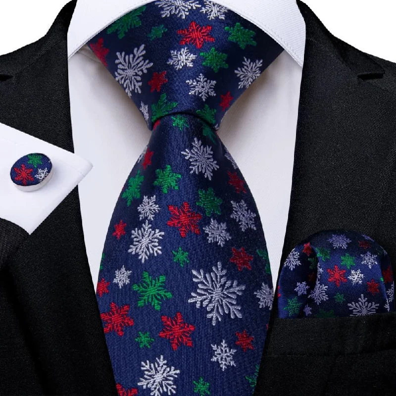 classic office necktie styles-DiBanGu Dark Blue White Christmas Snowflake Necktie Pocket Square Cufflinks Set