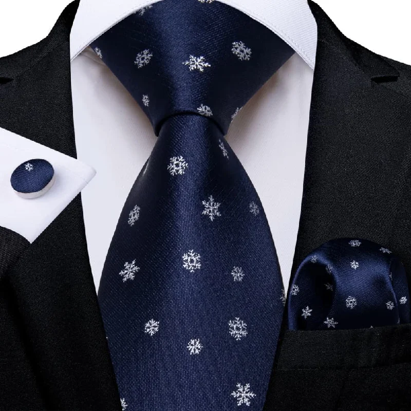 professional men's necktie sets-DiBanGu Dark Blue White Christmas Snowflake Necktie Pocket Square Cufflinks Set