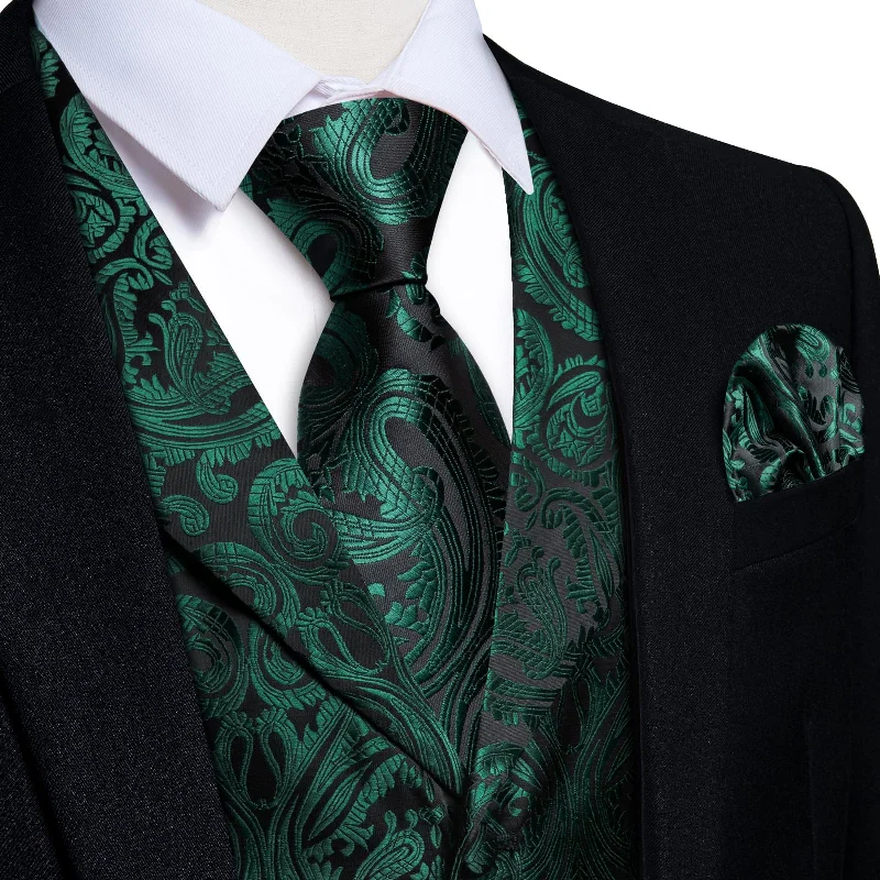 stylish office bow ties-DiBanGu Dark Green Paisley Notched Collar Silk Mens Dress Vest Tie Set