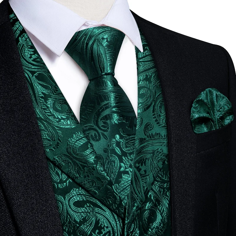 classic silk ties for interviews-DiBanGu Dark Green Paisley Notched Collar Silk Mens Vest Tie Set