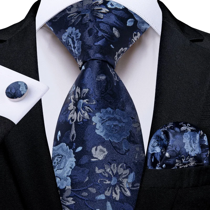 modern necktie colors for men-DiBanGu Dark Midnight Blue Floral Silk Mens Tie Hanky Cufflinks Set