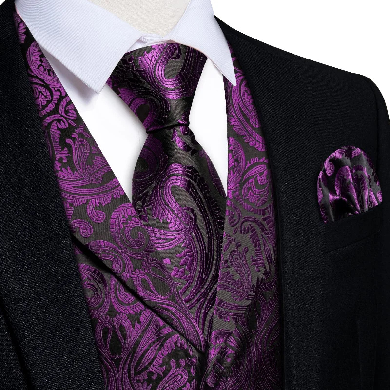 silk tie patterns for formal occasions-DiBanGu Dark Purple Paisley Notched Collar Silk Mens Dress Vest Tie Set