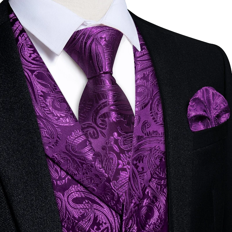 men's business event bow ties-DiBanGu Dark Purple Paisley Notched Collar Silk Mens Vest Tie Set