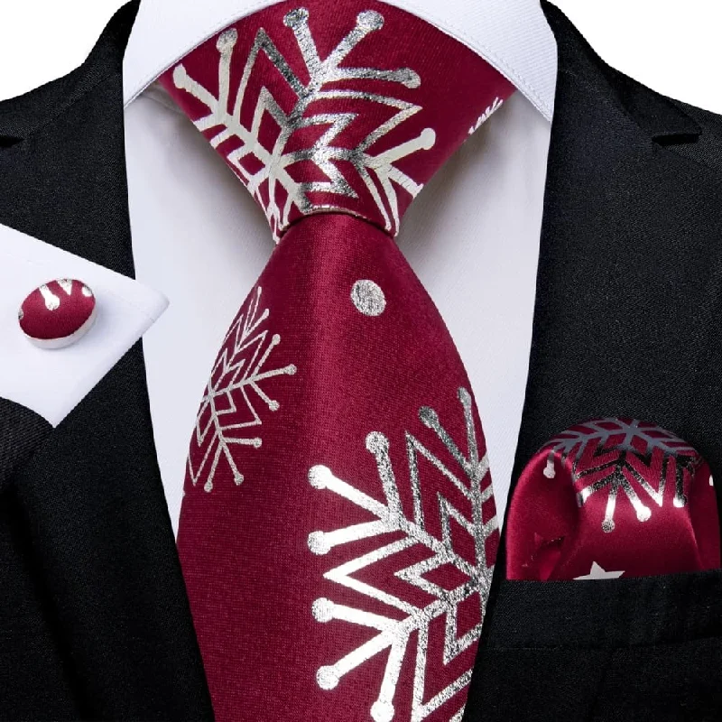 designer men's silk bow ties-DiBanGu Dark Red White Christmas Snow Necktie Pocket Square Cufflinks Set