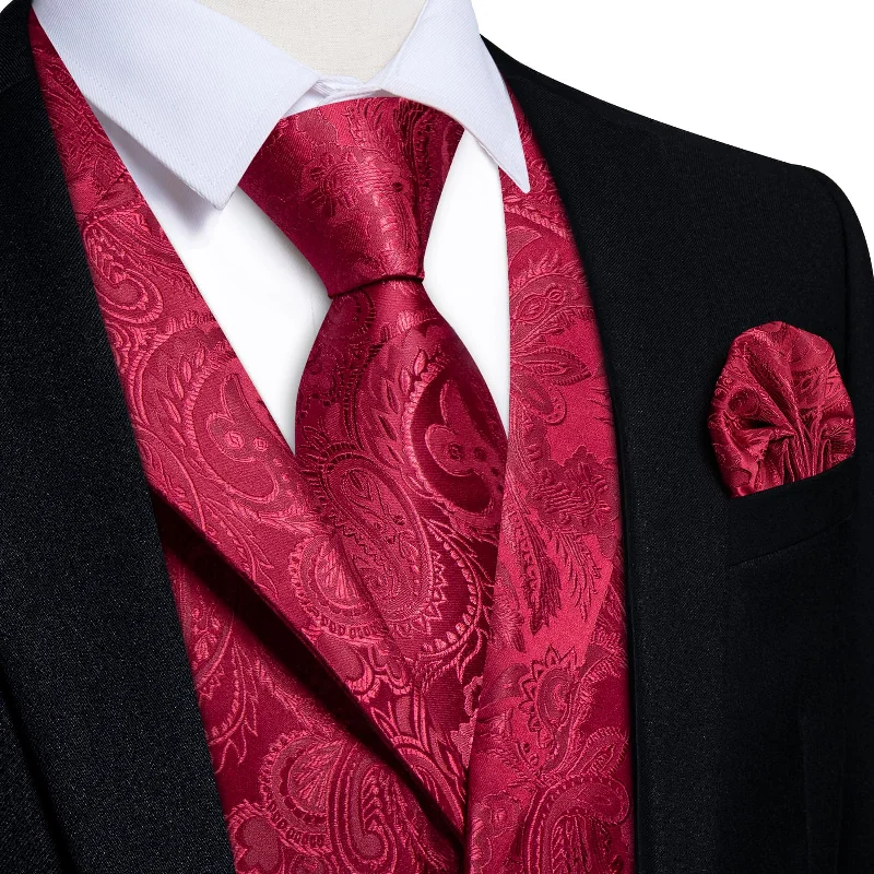 classic necktie sets for men-DiBanGu Dark Wine Red Paisley Silk Notched Collar Slim Fit Mens Waistcoat Tie Set