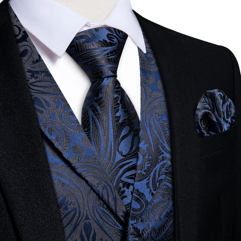 affordable wedding bow ties for men-DiBanGu Deep Blue Black Paisley Notched Collar Silk Mens Dress Vest Tie Set