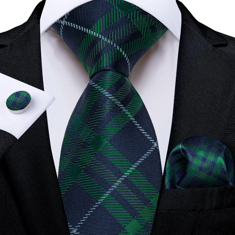 colorful wedding necktie styles-DiBanGu Deep Blue Green Striped Silk Mens Tie Hanky Cufflinks Set