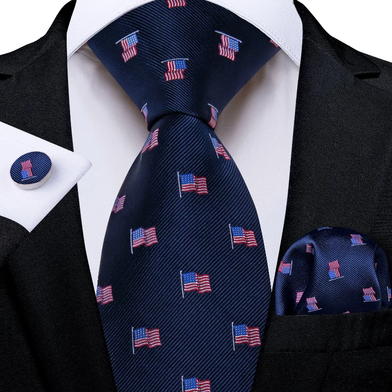 trendy necktie designs for work-DiBanGu Deep Blue Novelty American Flag Pattern Silk Mens Tie Hanky Cufflinks Set