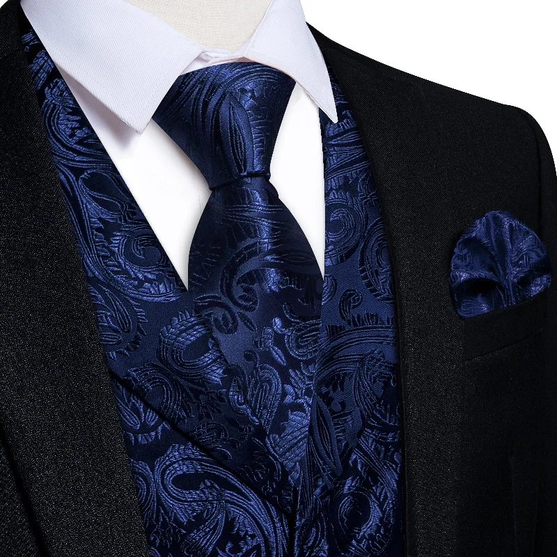 luxurious formal wedding neckties-DiBanGu Deep Blue Paisley Notched Collar Silk Mens Vest Tie Set