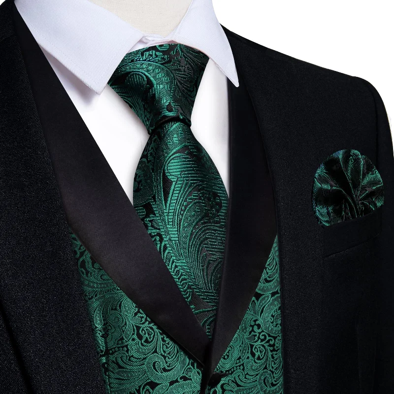 office necktie packs-DiBanGu Deep Green Floral Silk Shawl Collar Mens Dress Vest Tie Set