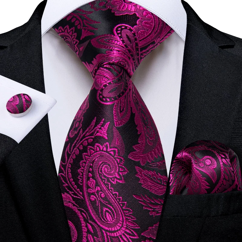 high-quality men's neckties-DiBanGu Deep Purple Black Paisley Silk Mens Tie Pocket Square Cufflinks Set