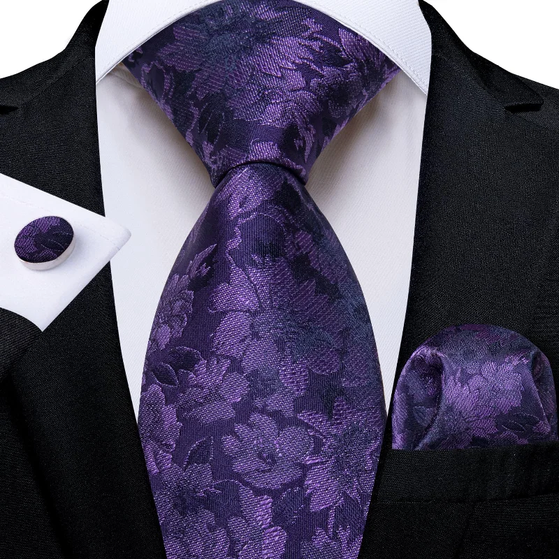 wedding silk necktie ideas-DiBanGu Deep Purple Floral Silk Mens Tie Hanky Cufflinks Set