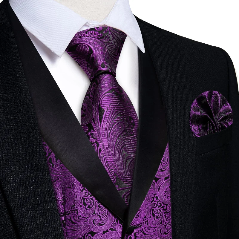 slim ties for business wear-DiBanGu Deep Purple Floral Silk Shawl Collar Mens Dress Vest Tie Set