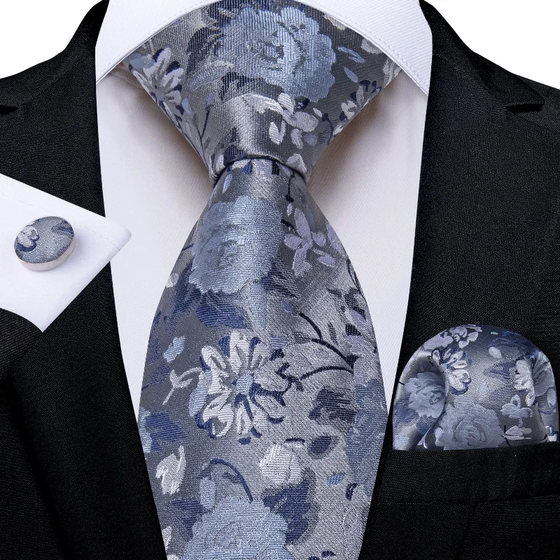 slim-fit silk necktie designs-DiBanGu Dim Grey Floral Silk Mens Tie Hanky Cufflinks Set