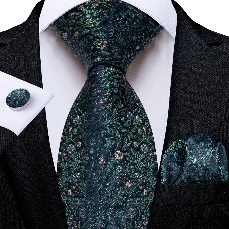 affordable business bow ties-DiBanGu Forest Green Floral Pattern Silk Mens Tie Hanky Cufflinks Set