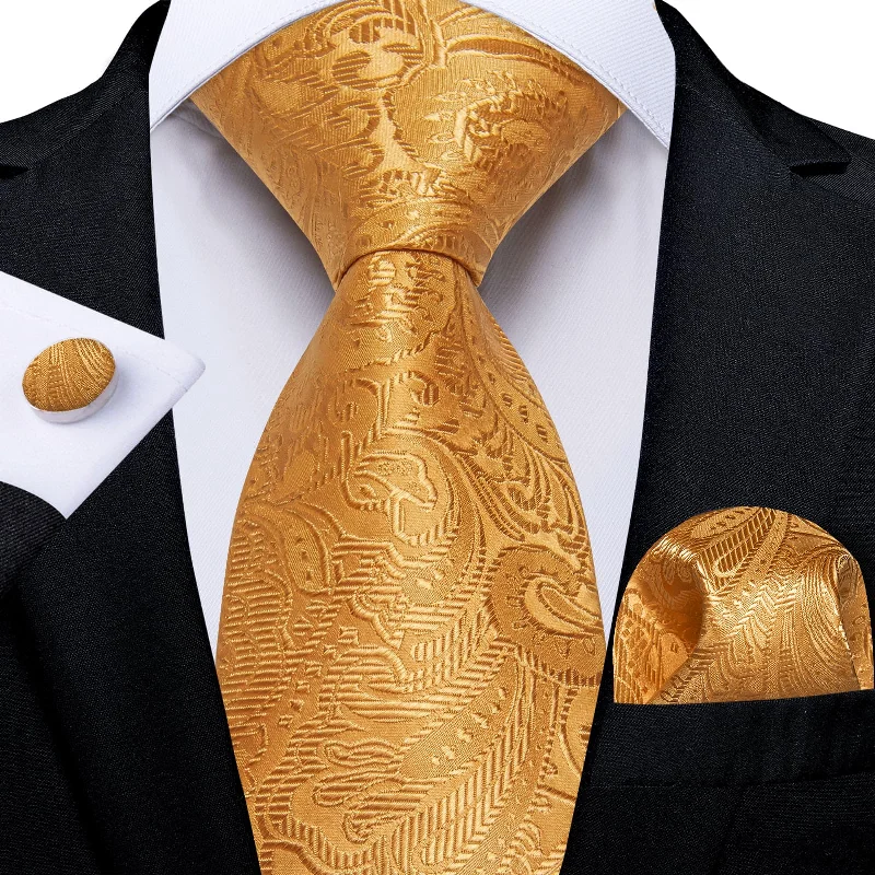 comfortable silk neckties-DiBanGu Gold Paisley Silk Mens Tie Pocket Square Cufflinks Set