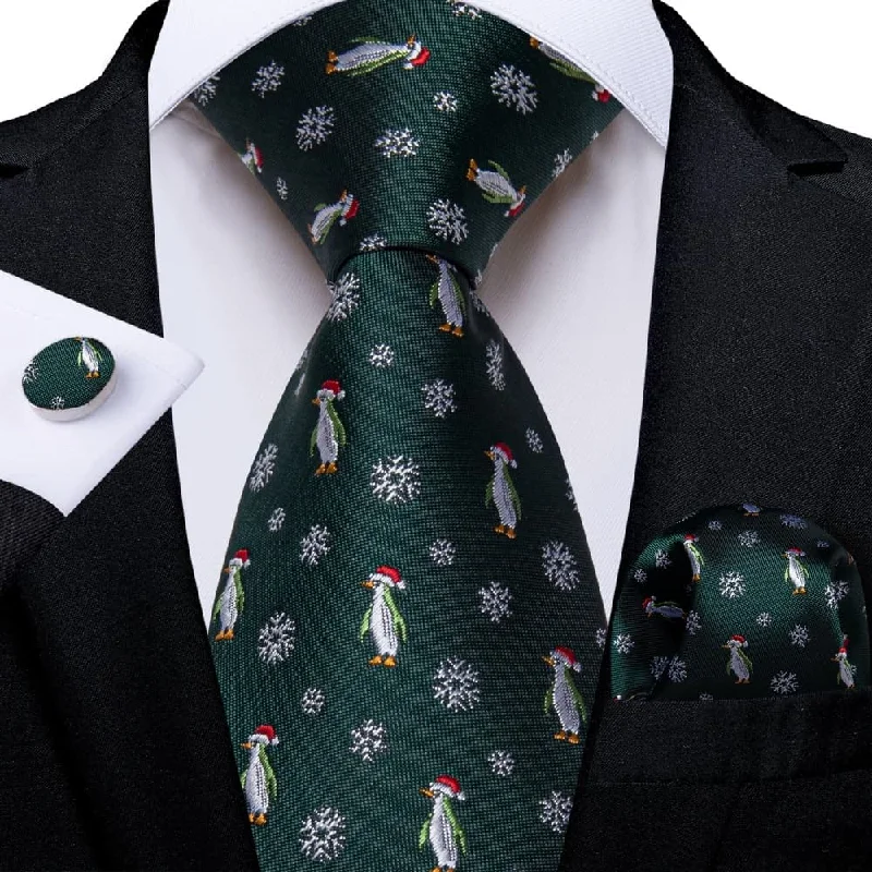 stylish necktie bundles-DiBanGu Green Christmas Penguins Snowflake Necktie Pocket Square Cufflinks Set