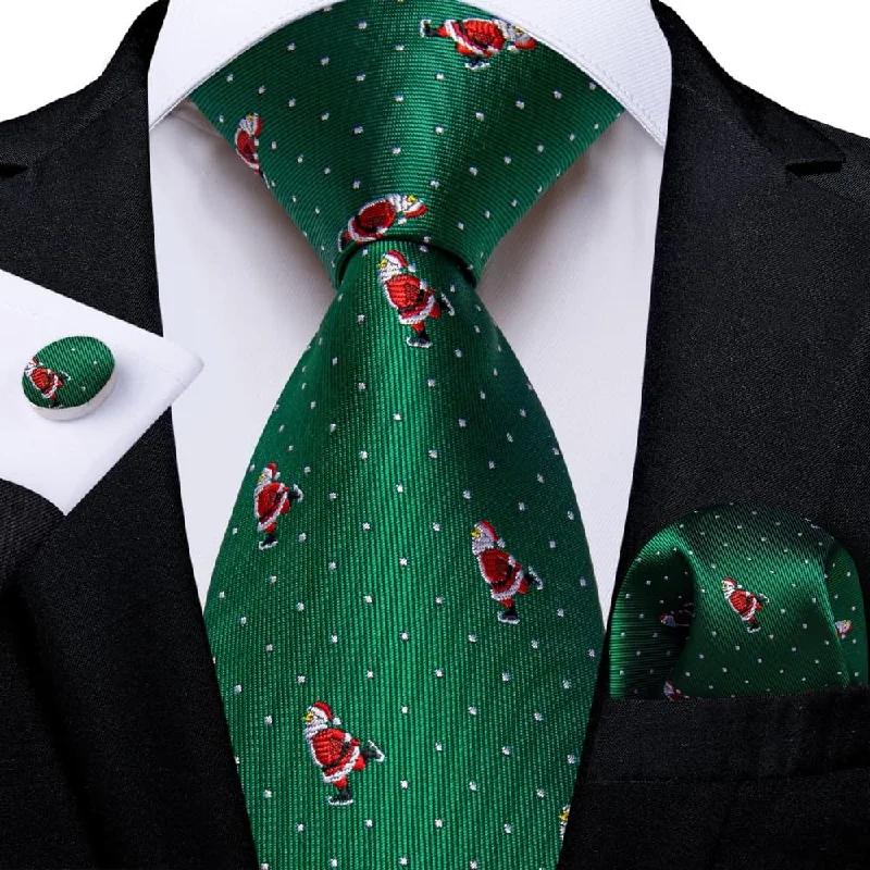 business formal necktie sets-DiBanGu Green Christmas Santa Claus Polka Dot Necktie Pocket Square Cufflinks Set