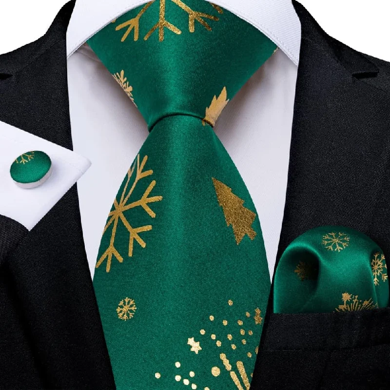 silk ties for men's formal events-DiBanGu Green Gold Christmas Snowflake Necktie Pocket Square Cufflinks Set